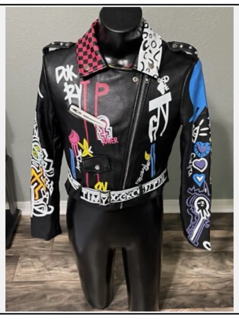 Designer Black Graffiti Leather Biker Jacket - Multicolor Accents - Picture 4 of 4